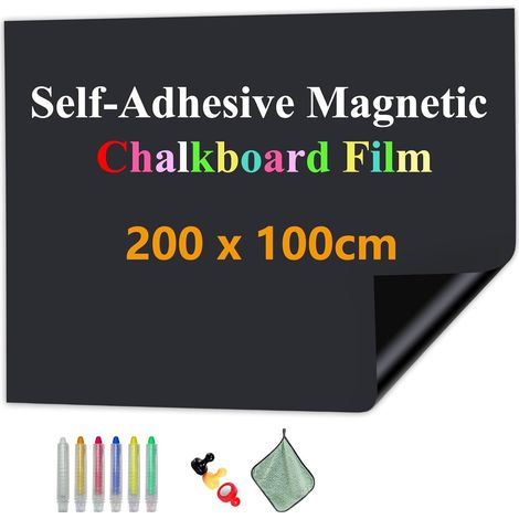 Tafelfolie Magnetisch Selbstklebend, 200  100cm Magnetfolie Selbstklebend Schwarz, Abwischbar Kreidefolie, Magnettafel für glatten Oberflächen in Schule Büro Haus, mit Kreidemarkern & Tuche (1/5)