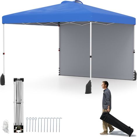 Tonnelle de jardin 300 x 300 x 266-286 cm avec paroi latérale protection solaire UPF50 design portable en oxford bleu