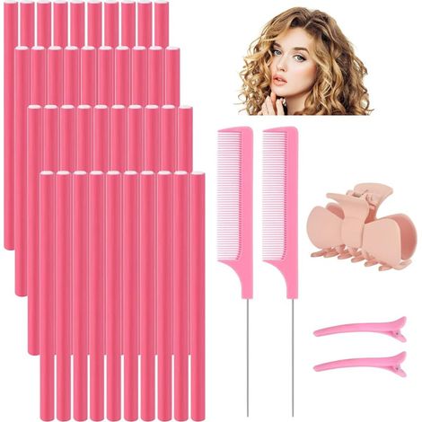Lot de 40 bigoudis flexibles en forme de papilotes, 24 cm, souples en mousse, pour les cheveux, femmes et filles, sans chaleur, avec 2 peignes et 3 clips (1/5)