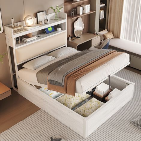 MEUBLIV Bettgestell 90x200 cm Weiß – Stauraum mit Hubfunktion, ohne Matratze (1/5)
