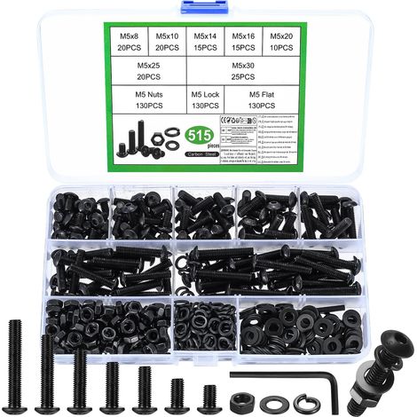 Set di Vis M5, 515 Pcs M5 Boulons et Écrous, Boulons Vis à Tête Cylindrique à Six Pans Creux avec Écrous et Rondelles, Kit Assortiment Boulons Vis à Tête Hexagonale avec Écrou, Noirs(M5) (1/5)