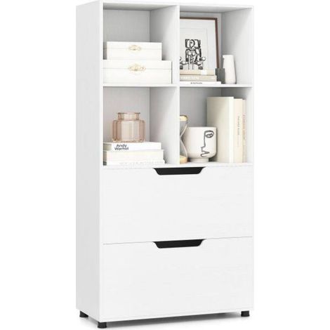 Design moderne et rangement pratique, bibliothèque blanche avec 2 tiroirs pour salon, bureau ou chambre (1/5)