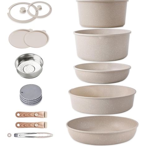 Induction Cookware with Detachable Handles, Stackable Non-Stick Granite Pan and Saucepan Sets with Lids, Space-Saving Frying Pan PFOA-Free (1/5)