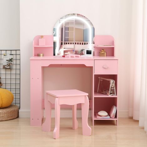 Prinzessinen Schminktisch aus Holz – Rosa mit Zubehör – LED-Spiegel (3 Lichtmodi), Hocker, Regale & Schublade – Für Mädchen ab 3-9 Jahre – Kinderzimmer