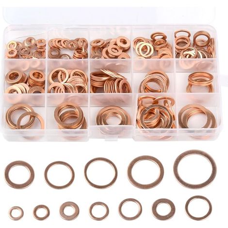 Sortiment mit 300 Kupfer-O-Ringen, Kupfer-Flachdichtungssatz, 12 verschiedene Größen, Kupfer-Flachdichtungsscheibensatz (metrisch). (1/4)