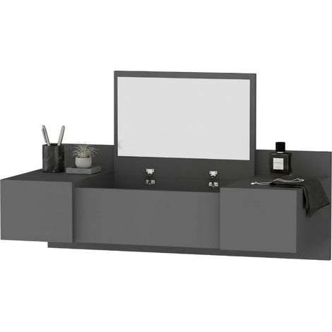 Toeletta Selci, Mobile da Trucco Specchio Incluso, 3 Ante, Materiale Piano in Legno Nobilitato, 100x39x33h cm Nero