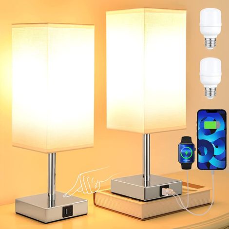 Lot de 2 lampes de chevet tactiles avec ports USB-A+C, 3 ampoules à intensité variable, blanc, idéales pour la chambre, le salon, la chambre d'enfant ou le bureau (2 ampoules incluses) [Classe énergét (1/5)