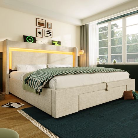 FLORAGRACE Lit coffre 160x200 cm rembourré en lin beige avec tête de lit rangement, LED, ports USB et USB-C (1/5)