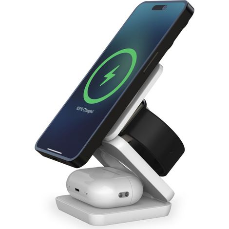 KSIX Cube Cargador inalámbrico, 3en1, Carga rápida, 15 W, Plegable, Compatible y Qi, Apple Watch y AirPods, Blanco (1/5)