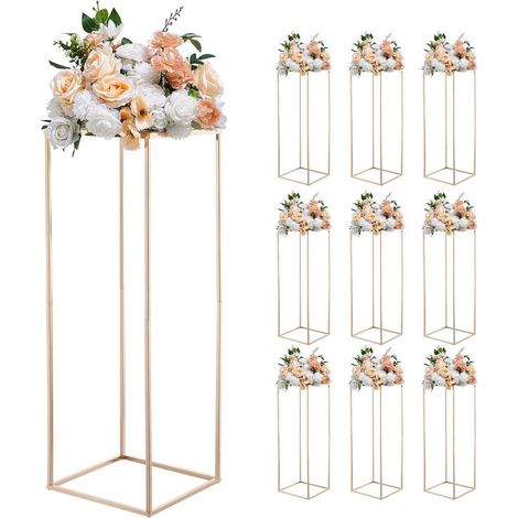 Support à Fleurs Mariage Lot de 10 Colonnes Florales Rectangulaires Dorées Centre de Table Métal 80 cm (1/5)