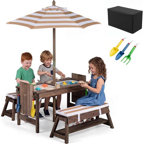 COSTWAY Table de Pique-Nique Enfant en Bois avec Parasol Amovible (Marron) (1/5)