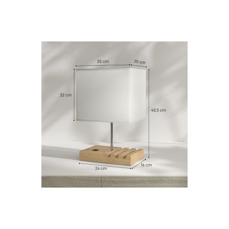 Lampe de chevet, ports USB, bois, tissu, interrupteur à bascule, compartiments de rangement, Blanc (1/5)