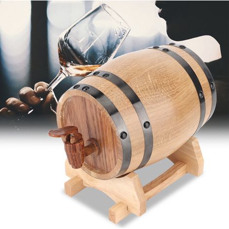 Fût à vin en chêne 1L avec cerclage noir, petit tonneau domestique portable pour brassage maison, 23x15x17cm, avec robinet et 4 supports (1/5)