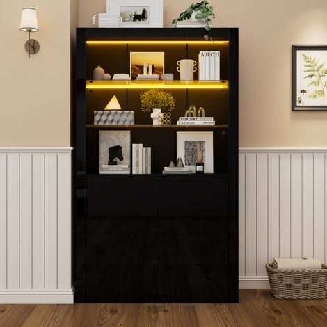 Vitrine laquée brillante noire 100x35x170 cm, meuble haut de salon avec éclairage LED intégré, 2 tablettes en verre, 2 portes pleines, armoire de rangement élancée, étagère design pour pièce de vie, m (1/5)