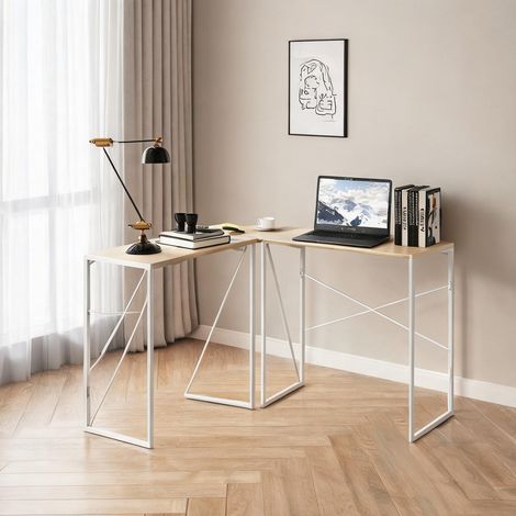 Bureau d'angle en L blanc chêne avec cadre métallique noir (1/5)