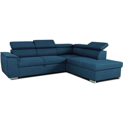 Canapé d'angle convertible réversible 5 places – Tissu bleu – Dimensions L260 x P216 x H77/94 cm – Coffre de rangement intégré