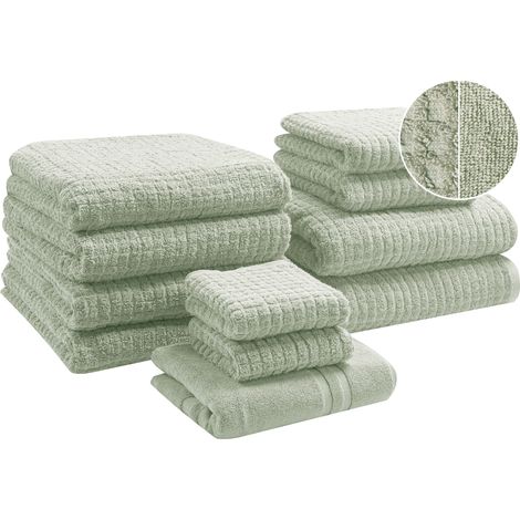 Conjunto de 11 toallas de baño de algodón suave de torsión baja con alfombrilla de baño verde claro Atai