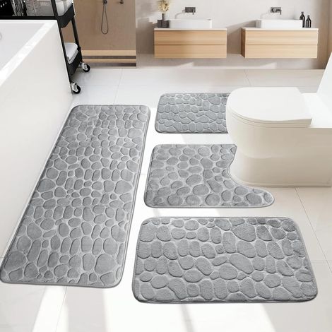 Tapis de Bain Set 4 Pièces, Mousse à Mémoire De Forme Tapis de Douche, Doux Tapis Salle De Bain Absorbant, Antidérapants tapis sortie de douche Lavable en Machine Gris tapis Set DéCoratif WC (1/5)
