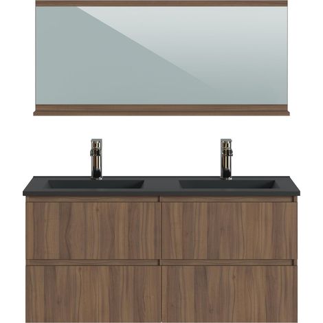 Pegane – Meuble de salle de bains double vasque en résine noire – Mélamine effet noyer – Longueur 122 cm x Profondeur 46 cm x Hauteur 58,5 cm (1/3)