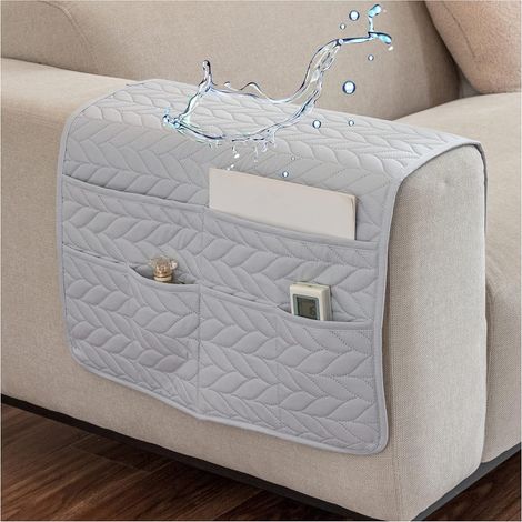 Aufbewahrungstaschen für Sofa und Sessel, wasserdicht und rutschfest, Armlehnenhalter mit 6 Fächern, Nachttischtasche, geeignet für Tablets, Mobiltelefone, Bücher, TV-Fernbedienung (hellgrau) (1/4)