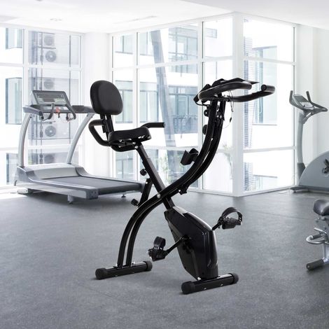 Cyclette pieghevole 4 in 1 - Ergometro magnetico silenzioso con fasce elastiche - Fitness e allenamento cardio a casa con ruote, sella comfort e display LCD (max 120 kg), nera