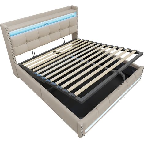 Polsterbett mit Stauraum 180x200 cm mit LED, USB und Kopfteilregal beige MODENUIT (1/5)
