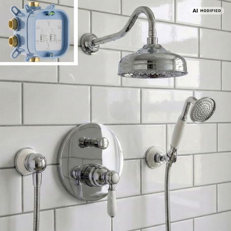 Système de douche encastré PaulGurkes Nostalgie Retro mit mit mélangeur à une main et douche pluie - Ensemble complet (1/5)