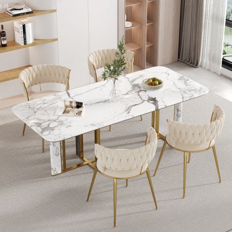 Ensemble de 2 chaises de salle à manger modernes et luxueuses en velours avec pieds en métal doré, design élégant tissé à la main et coussins moelleux pour salle à manger, salon et chambre à coucher. (1/5)
