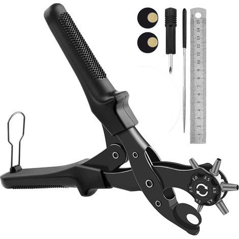 Rotary punch pliers, 6 different sizes, with 2 replacement brass base plates, screwdriver, ruler and sharpening rod, black (1/5)