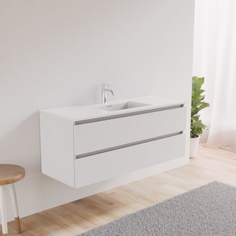 Inda - Badezimmerschrank 2 Schubladen L.120 mit abgerundetem Waschbecken - Weißer Ledereffekt (1/5)