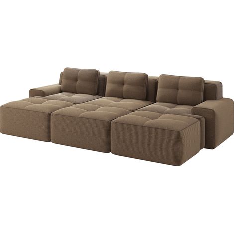 Canapé d'angle modulaire en tissu velours côtelé marron avec fonction canapé-lit et 3 poufs (1/5)