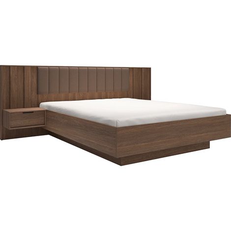 Lit avec chevets 160 x 200 cm et tête de lit en tissu - Coloris : Naturel foncé et marron - KALSIYA (1/5)