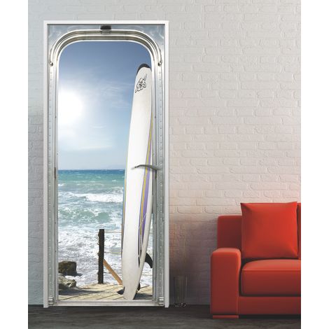 Sticker porte, trompe l'oeil planche sur ponton front de mer sous un ciel radieux, 204 cm X 60 cm (1/2)