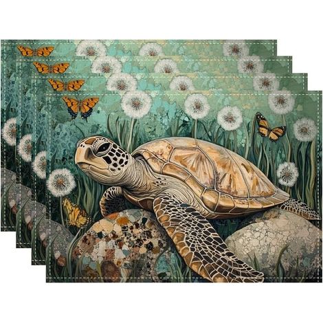 Lot de 4 sets de table motif tortue et papillon, vert sur le thème de la nature, pour salle à manger, printemps, été, antidérapant, lavable, intérieur et extérieur, cuisine'Parent'Vert'18x12 Inch (4PC (1/5)