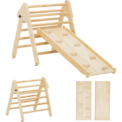 Triangle d'escalade 3-en-1 en bois naturel, toboggan et structure de grimpe, charge max 50 kg, pour enfants 18-48 mois (1/5)
