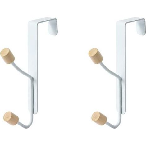 2-Piece Over-the-Door Coat Rack, No Drilling Required, Sturdy Coat Hook, Towel Hooks, Clothes Hook with 2 Wooden Hooks, White (1/5)