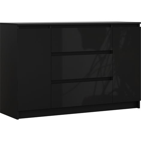 Commode : Noir Mat / Noir Brillant, 120 x 39 x 78 cm, 2 portes, 3 tiroirs (1/5)