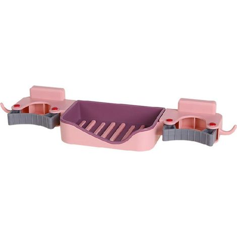 Porte-savon 3 en 1 pour balai et serpillière, fixation murale, crochet, égouttoir, porte-savon, porte-balai et porte-cartes pour cuisine et toilettes, rose, taille unique (1/5)