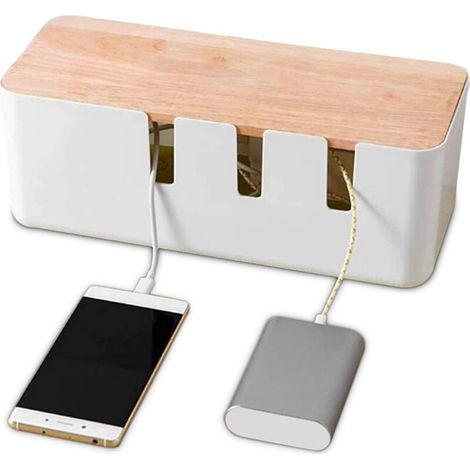 Caja organizadora de cables HERCHR de 30,3 x 12,5 x 11,5 cm, con tapa de madera para ordenador, TV, regleta y cable de carga. (1/4)