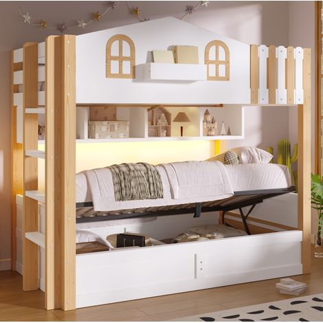 Letto a castello 90x200 cm, design casetta, con sponda alta, vano contenitore idraulico, LED, MDF e pino, bianco naturale (1/5)