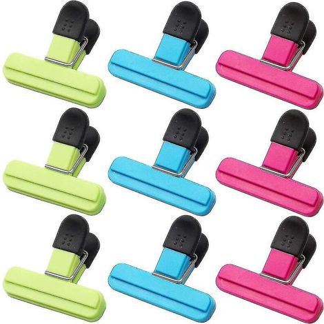 Set mit 9 Beutelclips zur Aufbewahrung von Lebensmitteln, 3 Farben, robuste Clips zum Verschließen von Lebensmitteln, Snacks, Kaffee, wiederverwendbare Kunststoffclips (1/5)