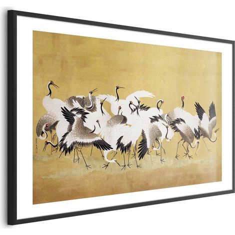 Poster – Japanische Kraniche – ein Vogelschwarm auf goldfarbenem Hintergrund, basierend auf einem Gemälde von Ishida Yūtei (1/4)