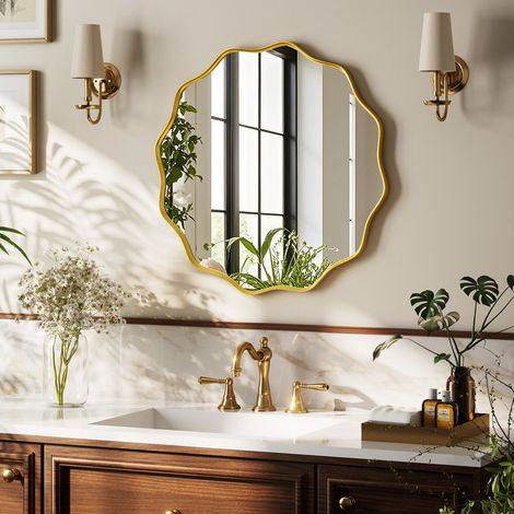 Koonmi Miroir Rond 60 cm – Miroir De Salle De Bain Aux Bords Ondulés – Doré