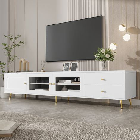 Mueble para TV de 170x40x28 cm con 2 cajones, 2 puertas de cristal y 1 puerta, amplio espacio de almacenamiento, color blanco, tablero de partículas. (1/5)