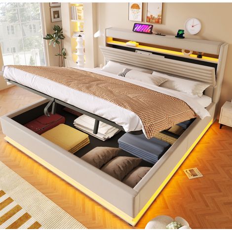 Letto imbottito moderno 180x200 cm in lino beige, testiera con USB/Type-C, LED e vano contenitore idraulico