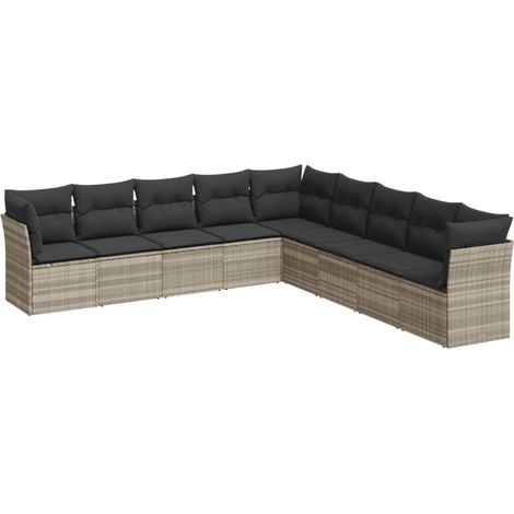 Set muebles jardín 9 pzas y cojines ratán sintético gris claro vidaXL (1/3)