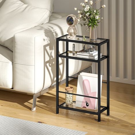 Table d'appoint à 3 niveaux - 40x18x62 cm - Table de chevet fine avec plateaux en verre trempé et cadre en acier pour salon - Noir (1/5)