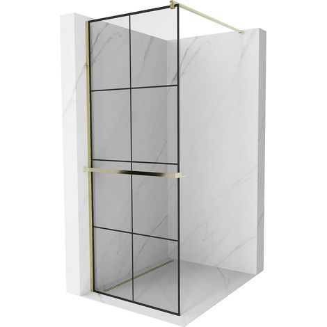 Mexen Kioto+ Duschwand mit Ablage und Reling 80 x 200 cm, Transparent/Schwarzes Design 8 mm, Gold -