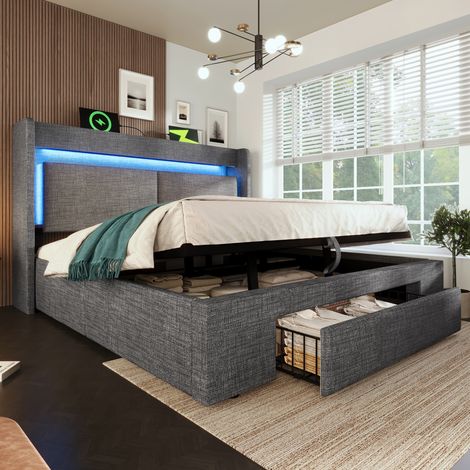 Lit coffre 160x200 cm en lin gris avec LED, tête de lit rangement et ports USB/USB-C, sommier à lattes + matelas inclus (1/5)
