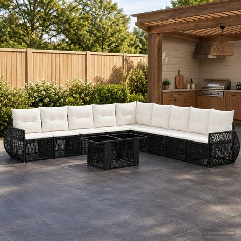vidaXL Set Divano da Giardino 10 pz Nero e Bianco Crema polyrattan (1/5)